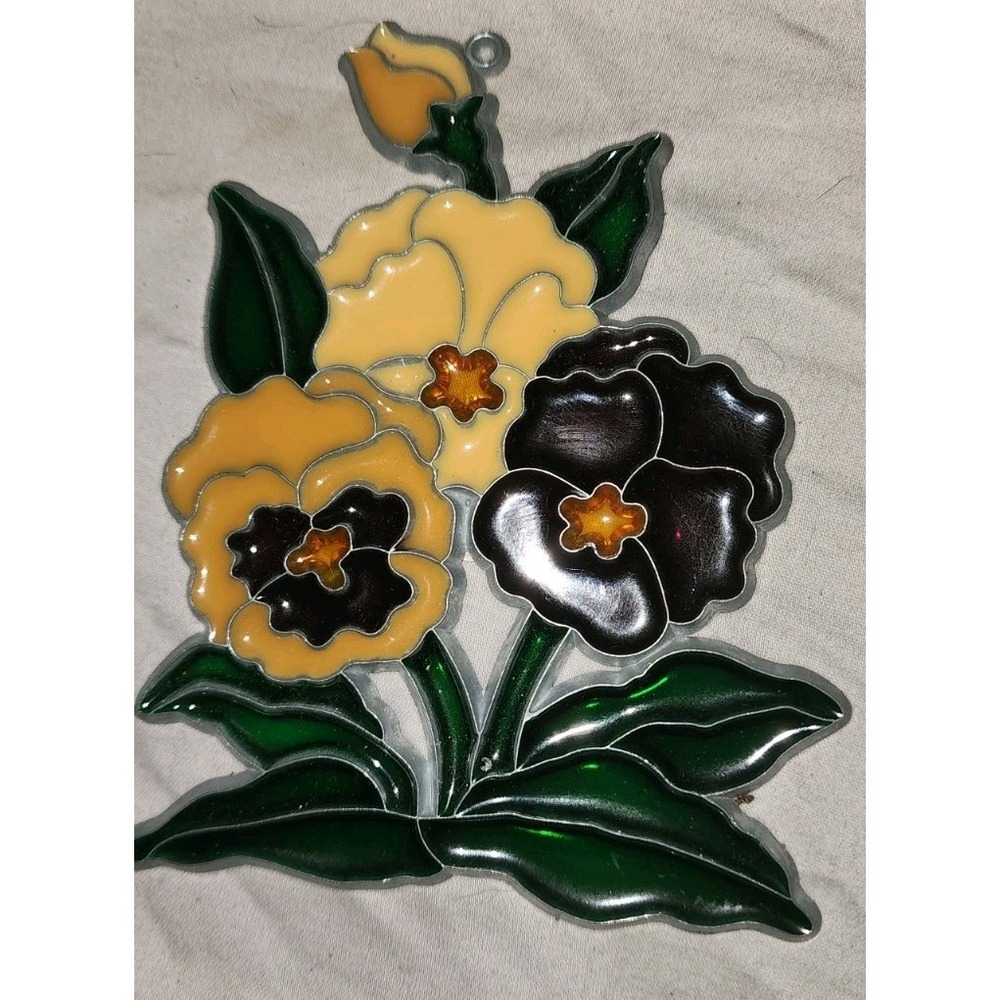 Vintage Pansys Faux Stained Glass Retro Suncatcher Ornament Grannycore Floral